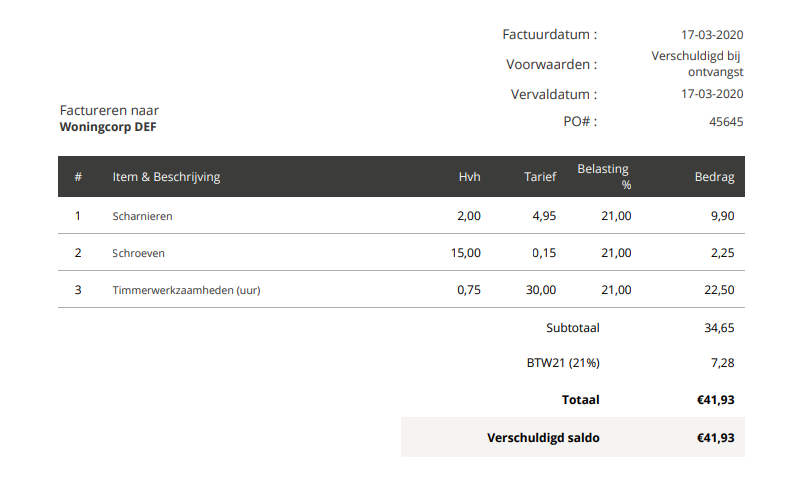 Factuur van yellowQ